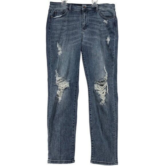 Judy Blue Boyfriend Fit Distressed Jean Size 15/32 Blue High Rise Stretch Denim - Picture 1 of 14